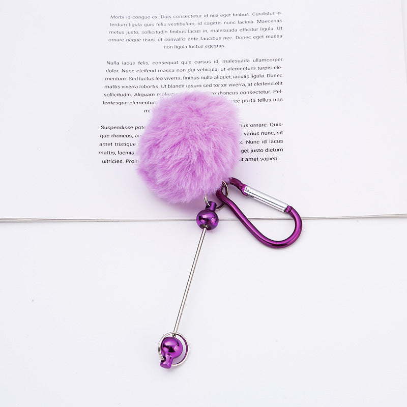 Beadable Carabiner Keychain with Fluffy Pom Pom Balls, Metal Bar Snap Ring Keyring