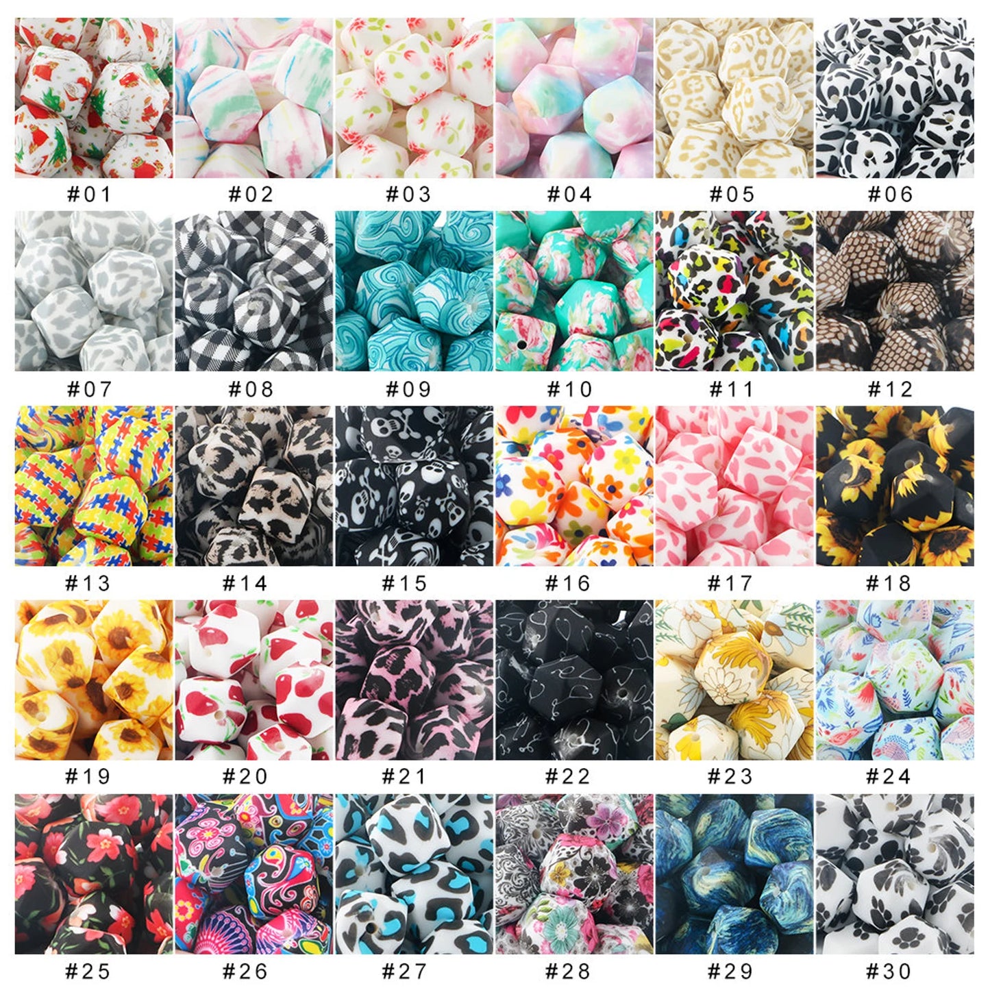 14mm Silicone Print Hexagon Beads Wholesale Loose Beads