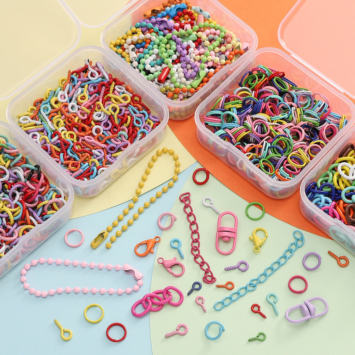 Mixed Rainbow Color Alloy Lobster Clasp Hooks Ball Chains Open Rings for Keychain DIY Jewelry Making Findings Supplies Findings
