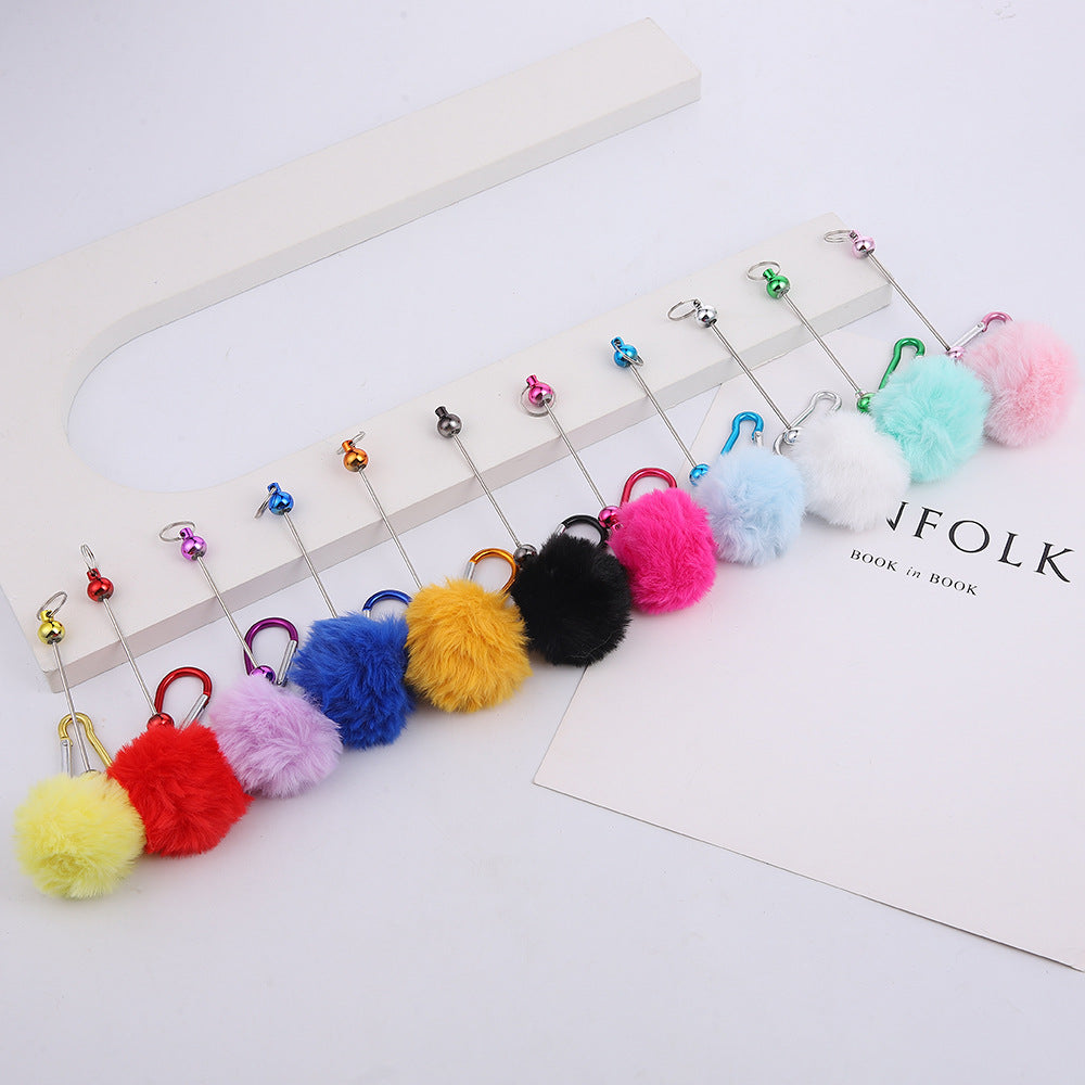 Beadable Carabiner Keychain with Fluffy Pom Pom Balls, Metal Bar Snap Ring Keyring
