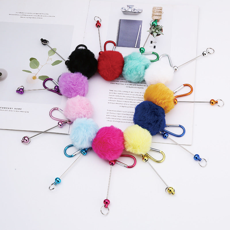 Beadable Carabiner Keychain with Fluffy Pom Pom Balls, Metal Bar Snap Ring Keyring