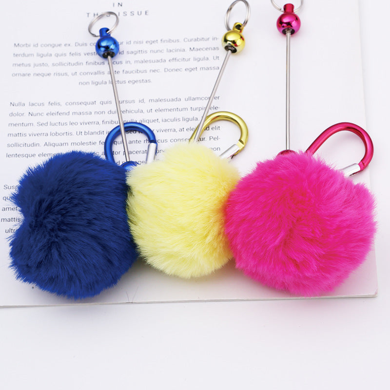Beadable Carabiner Keychain with Fluffy Pom Pom Balls, Metal Bar Snap Ring Keyring