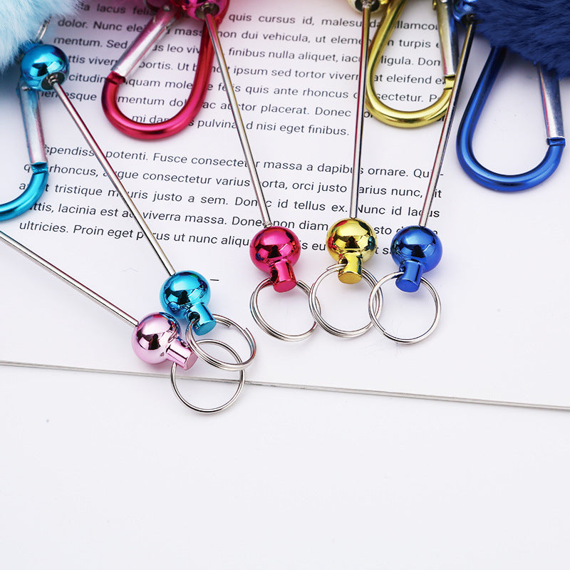 Beadable Carabiner Keychain with Fluffy Pom Pom Balls, Metal Bar Snap Ring Keyring