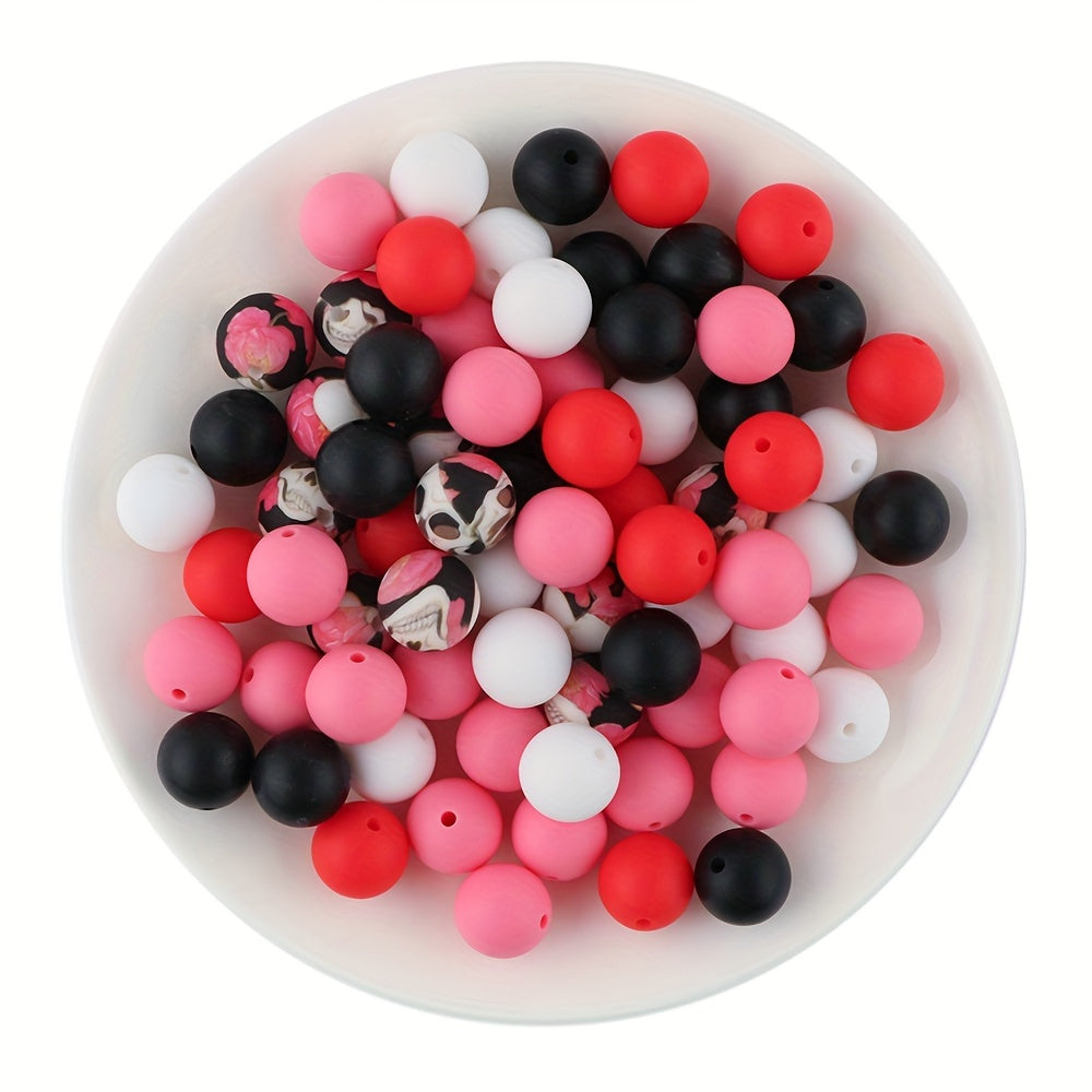 50pcs 15mm Silicone Solid and Printed Round Beads Mix Kits for Beadable Pen Keychain Car Charm Crafting Jewelry Making DIY Bracelet Wristlets Cup Charms Handmade Craft Supplies