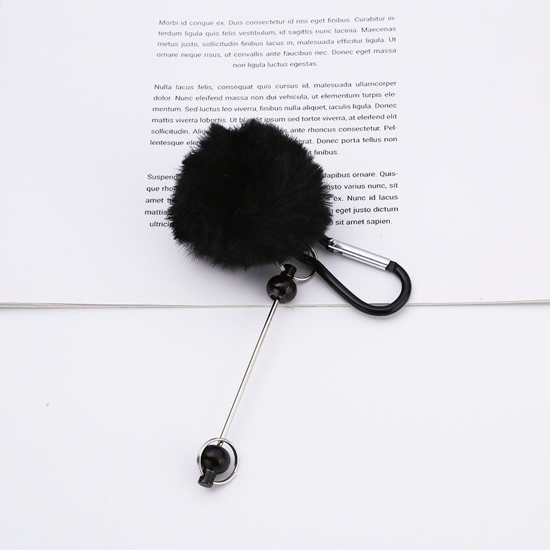 Beadable Carabiner Keychain with Fluffy Pom Pom Balls, Metal Bar Snap Ring Keyring