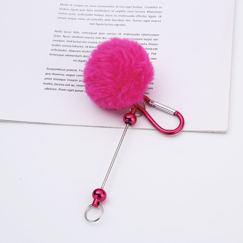 Beadable Carabiner Keychain with Fluffy Pom Pom Balls, Metal Bar Snap Ring Keyring