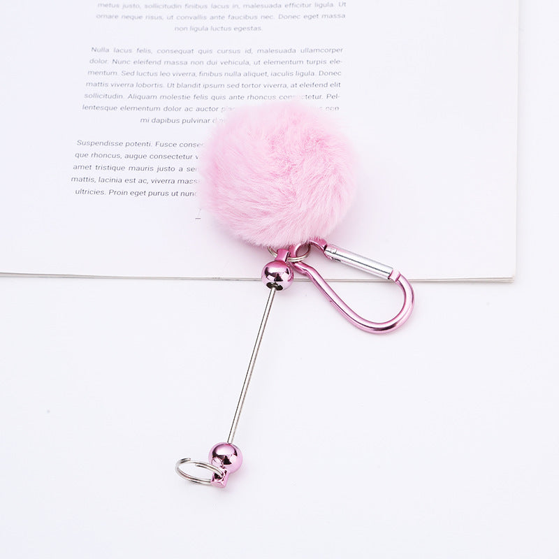 Beadable Carabiner Keychain with Fluffy Pom Pom Balls, Metal Bar Snap Ring Keyring