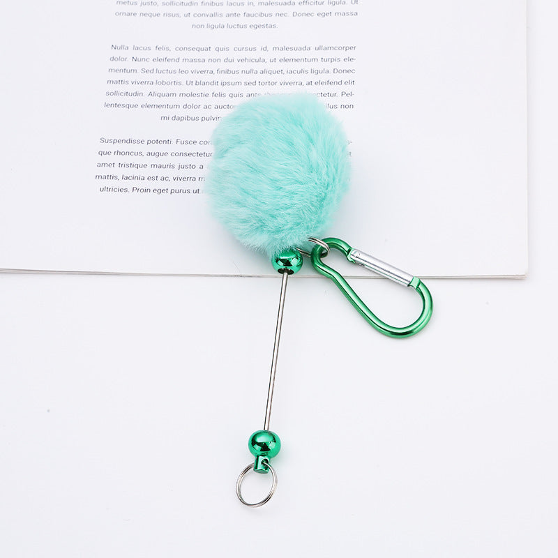 Beadable Carabiner Keychain with Fluffy Pom Pom Balls, Metal Bar Snap Ring Keyring