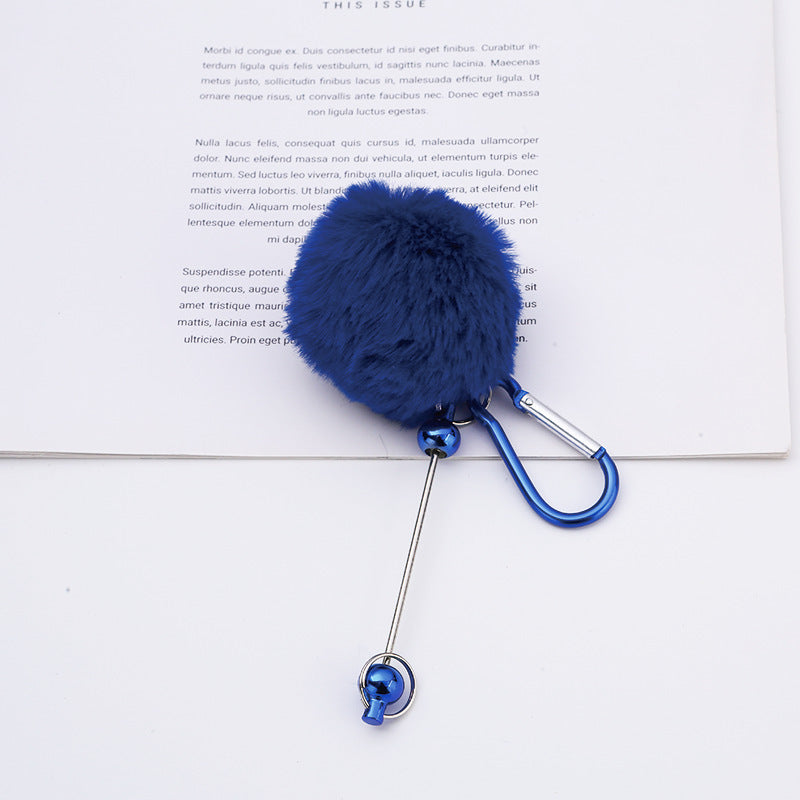Beadable Carabiner Keychain with Fluffy Pom Pom Balls, Metal Bar Snap Ring Keyring