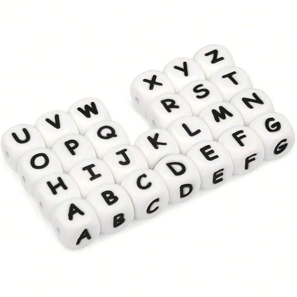 26pcs/pack 12mm Square Cube Letter Silicone Beads, Silicone Letters Beads, English Alphabet Letter Beads, Soft Loose Beads, Jewelry Craft Making