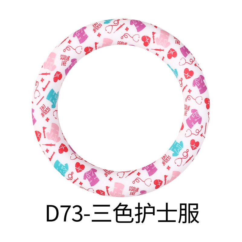 65mm Silicone Printed Ring, Round Silicone Solid Glitter Ring with 2 hole,Silicone beadable O rings,Silicone Loop for Car Hanging Charm Making