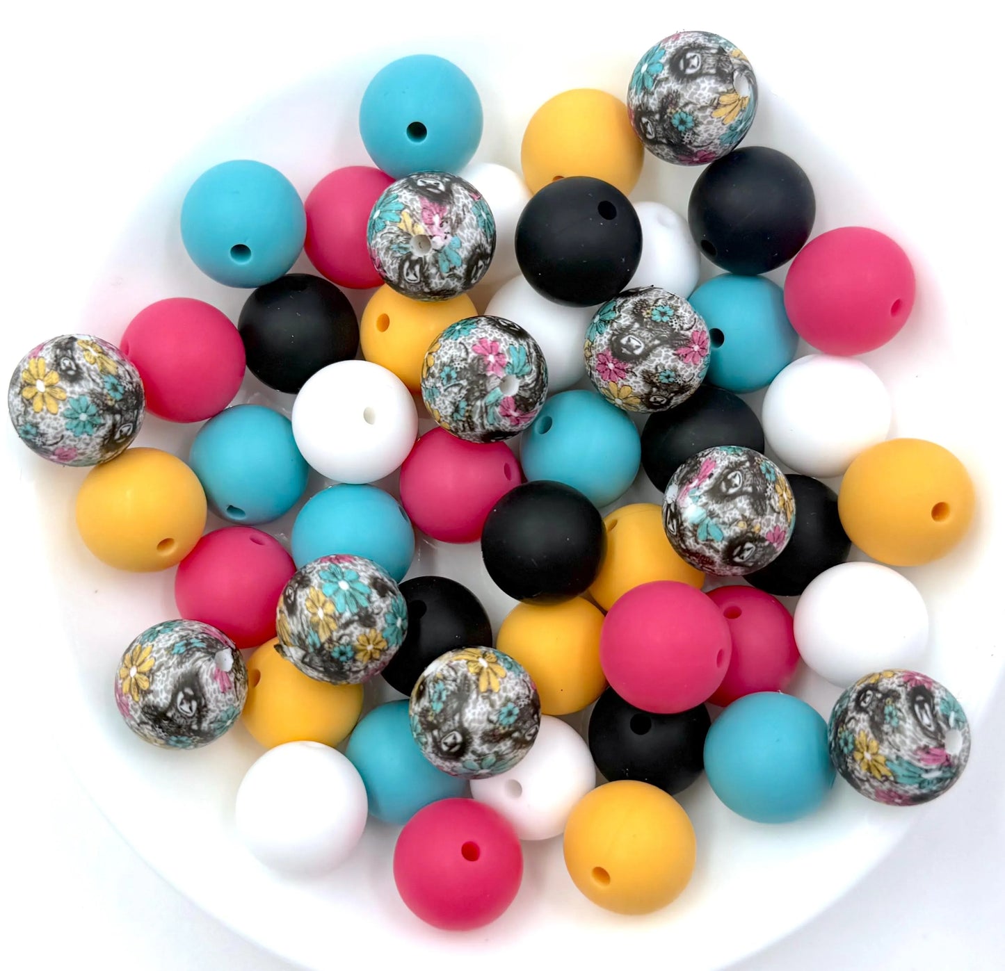 50pcs 15mm Silicone Solid and Printed Round Beads Mix Kits for Beadable Pen Keychain Car Charm Crafting Jewelry Making DIY Bracelet Wristlets Cup Charms Handmade Craft Supplies