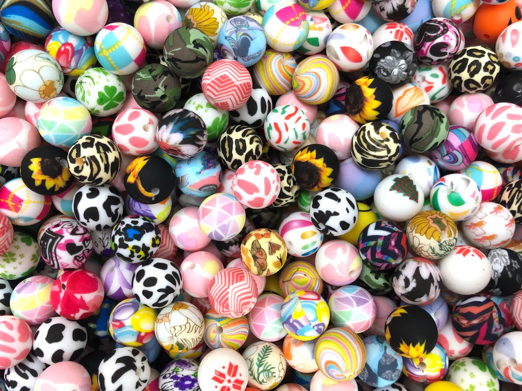 15mm printed silicone beads, wholesale silicone beads, DIY crafts for necklaces, keychains, bags making
