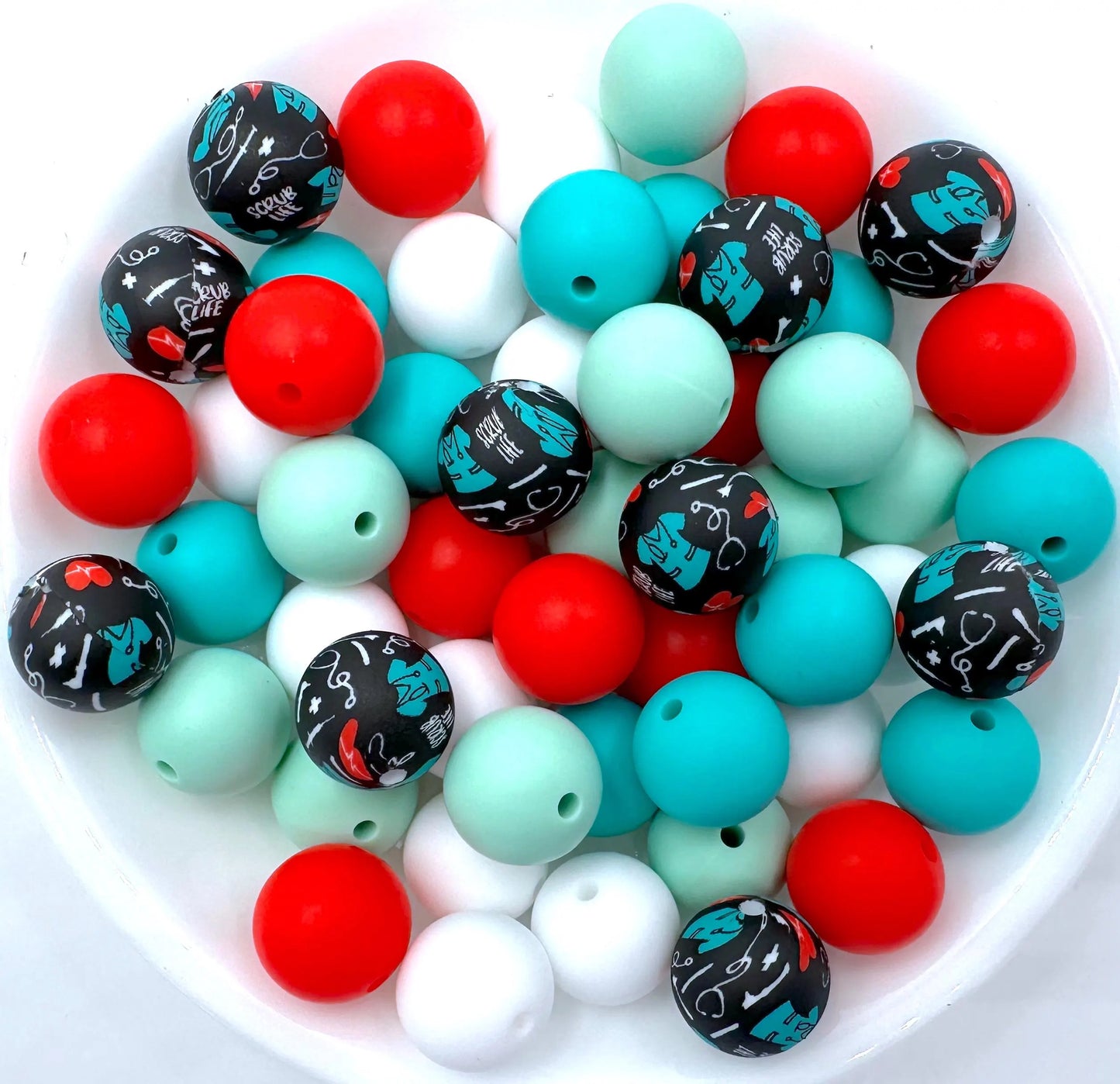 50pcs 15mm Silicone Solid and Printed Round Beads Mix Kits for Beadable Pen Keychain Car Charm Crafting Jewelry Making DIY Bracelet Wristlets Cup Charms Handmade Craft Supplies