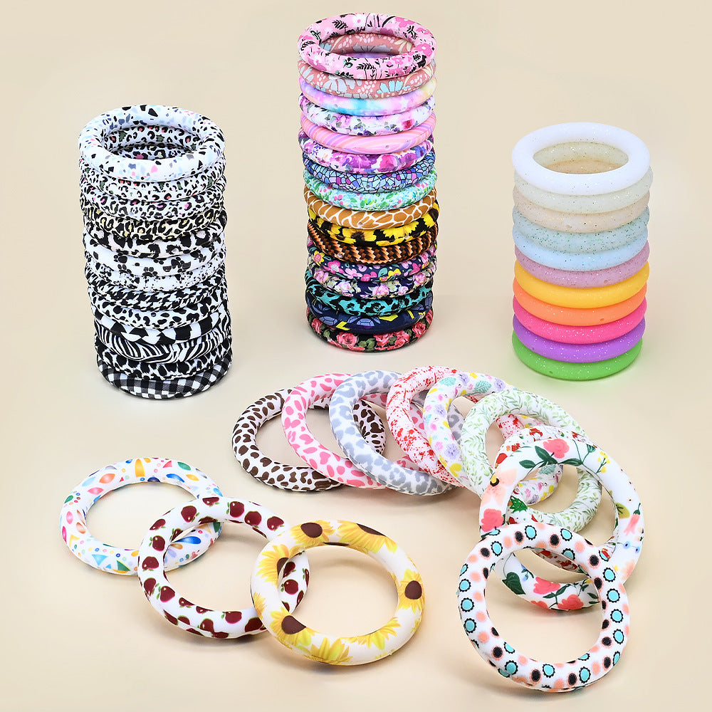 65mm Silicone Printed Ring, Round Silicone Solid Glitter Ring with 2 hole,Silicone beadable O rings,Silicone Loop for Car Hanging Charm Making