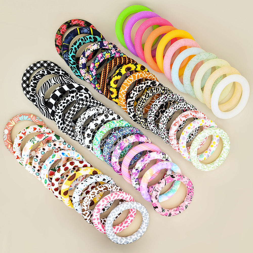 65mm Silicone Printed Ring, Round Silicone Solid Glitter Ring with 2 hole,Silicone beadable O rings,Silicone Loop for Car Hanging Charm Making
