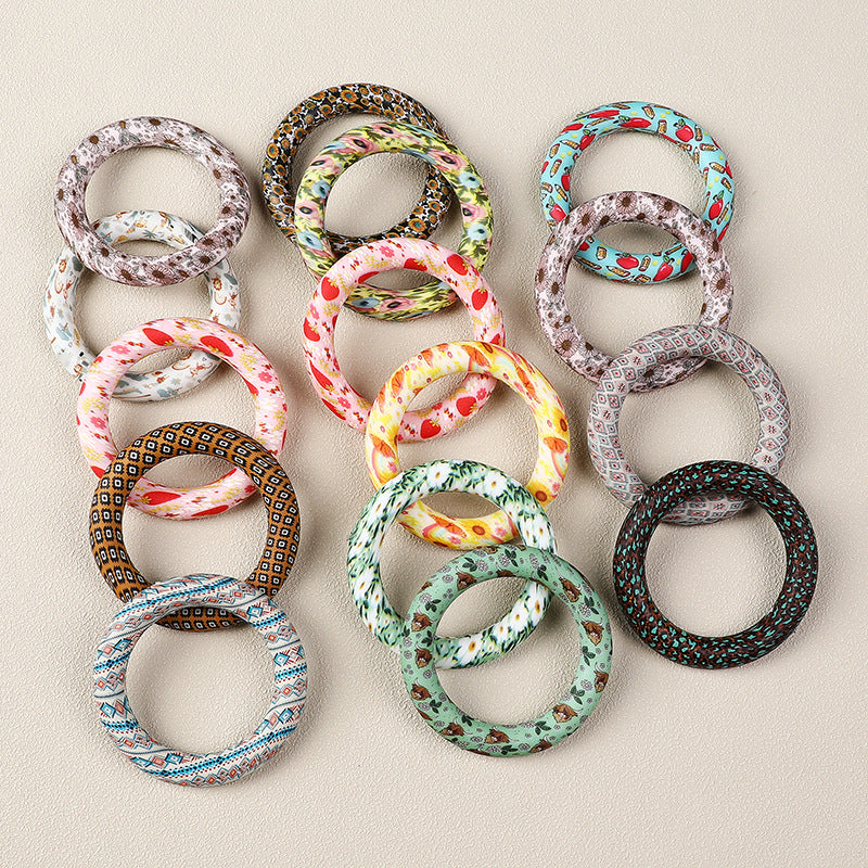 65mm Silicone Printed Ring, Round Silicone Solid Glitter Ring with 2 hole,Silicone beadable O rings,Silicone Loop for Car Hanging Charm Making