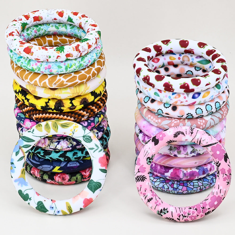 65mm Silicone Printed Ring, Round Silicone Solid Glitter Ring with 2 hole,Silicone beadable O rings,Silicone Loop for Car Hanging Charm Making