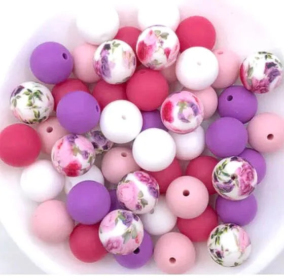 50pcs 15mm Silicone Solid and Printed Round Beads Mix Kits for Beadable Pen Keychain Car Charm Crafting Jewelry Making DIY Bracelet Wristlets Cup Charms Handmade Craft Supplies