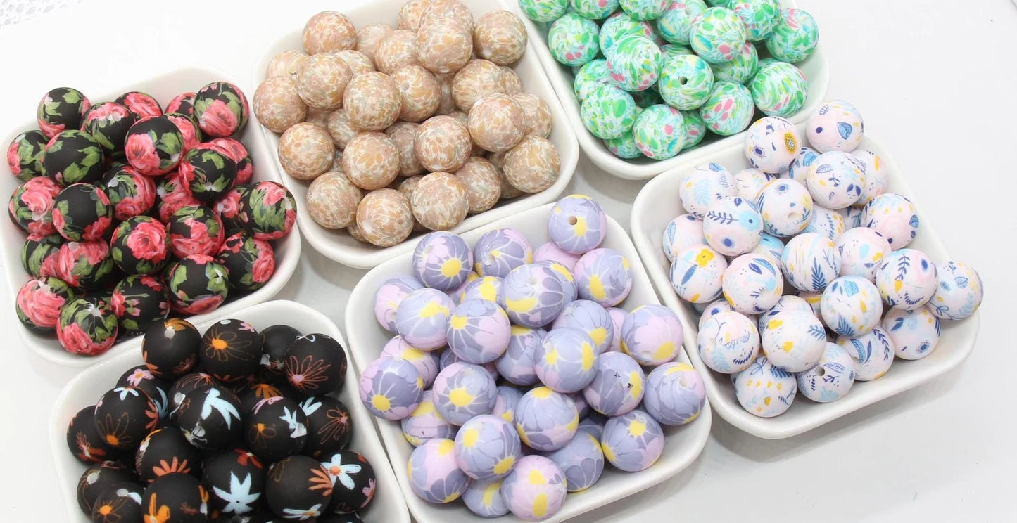 15mm printed silicone beads, wholesale silicone beads, DIY crafts for necklaces, keychains, bags making