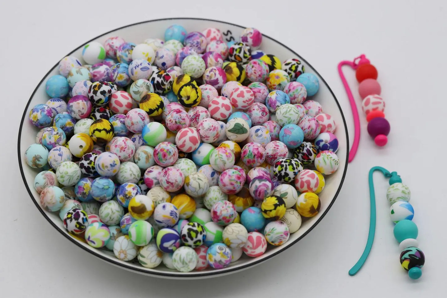 15mm printed silicone beads, wholesale silicone beads, DIY crafts for necklaces, keychains, bags making
